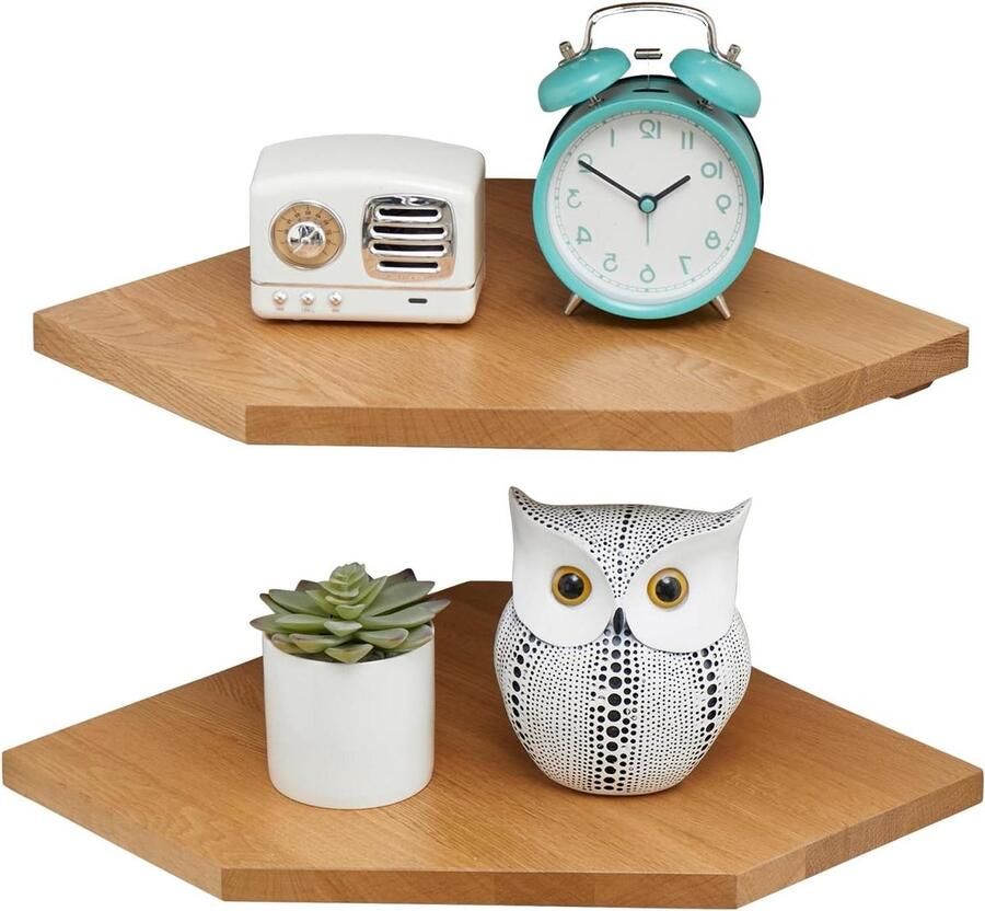 Hangend houten hoekrek set van 2 Eiken Massief hout Vintage landhuisstijl Wandrek voor slaapkamer en woonkamer Diamantvorm met draadgat corner shelf wall