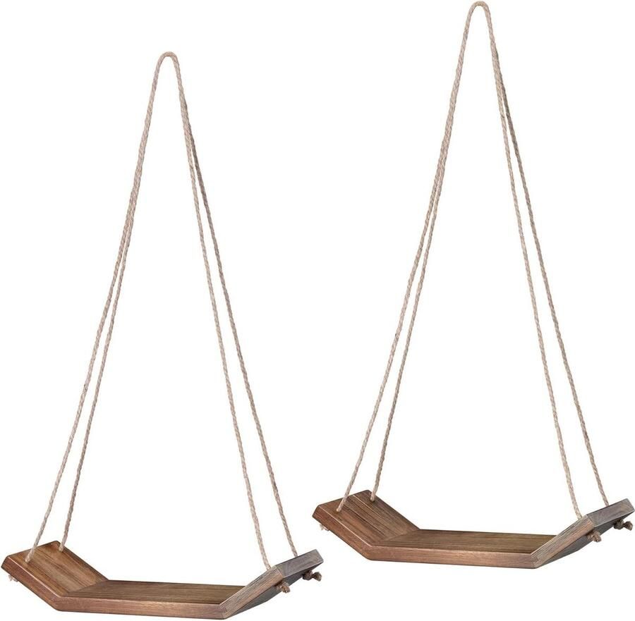 Hangend houten wandrek set van 2 planken Zwevende muurplank bruin met juten touwen Inclusief bevestigingsmateriaal