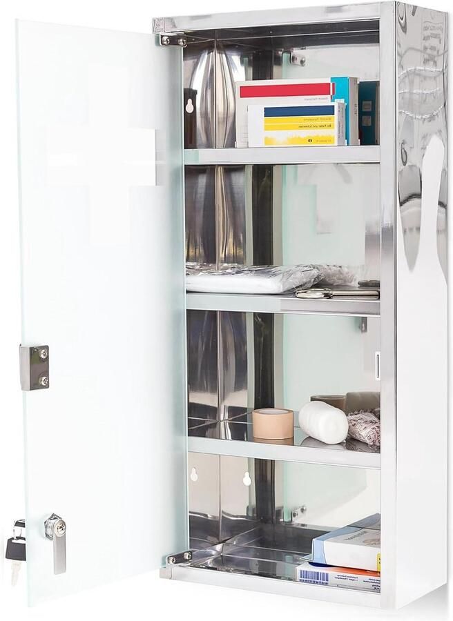 Hangend medicijnkastje groot melkglas 57x27x12cm met 4 planken zilveren afsluitbaar