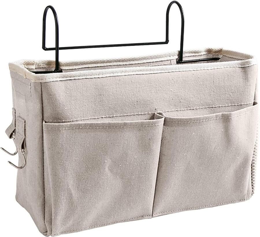 Hangend Nachtkastje met Bedopbergvak en Tashouder Katoenen Linnen Wit