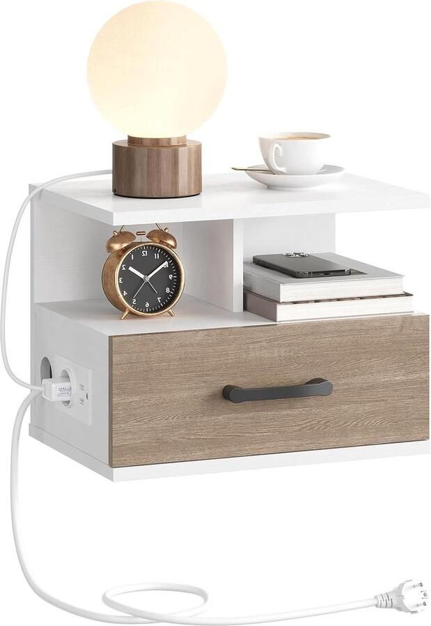 Hangend Nachtkastje met Laadstation Functionele Bijzettafel 1 stuk Wit en Greige Hout