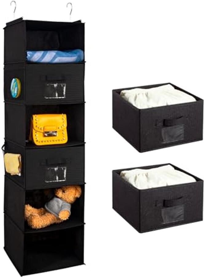 Hangend Opbergsysteem met 6 Compartimenten en 2 Verwijderbare Lades Vouwbare Kledingorganiser Zwart 30 x 30 x 110 cm