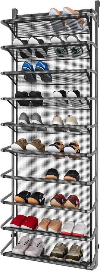 Hangend Schoenenrek voor Over de Deur 10 Opbergniveaus Metalen Schoenenorganizer Grijs Ruimtebesparende Schoenenkast 55 x 19 5 x 159 cm