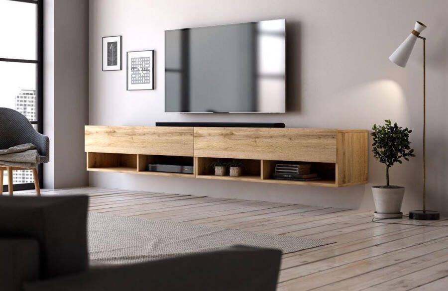 Hangend Tv Meubel Eiken 200 cm – TV Kast Hout Modern Design – Zwevend TV Meubel Eiken