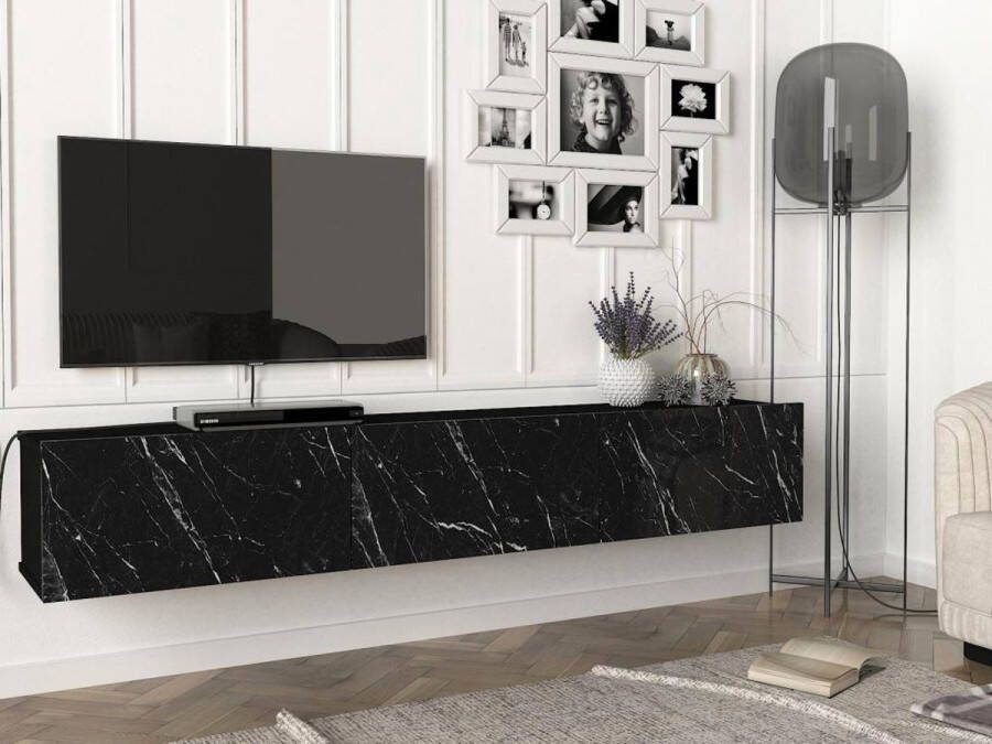 Vente-unique Hangend tv-meubel met 3 deuren Zwart marmereffect VIKILA L 180 cm x H 29.5 cm x D 29.5 cm
