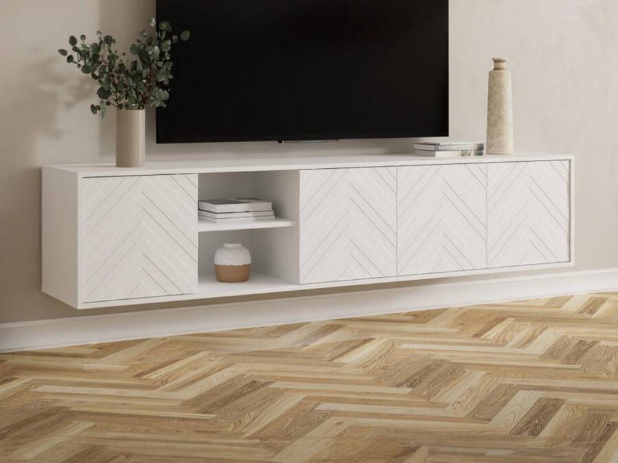 Vente-unique Hangend tv-meubel met 4 deuren en 2 nissen van mdf Wit REDONIA L 203.3 cm x H 50.8 cm x D 40 cm