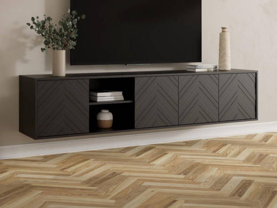 Vente-unique Hangend tv-meubel met 4 deuren en 2 nissen van mdf Zwart REDONIA L 203.3 cm x H 50.8 cm x D 40 cm - Foto 2