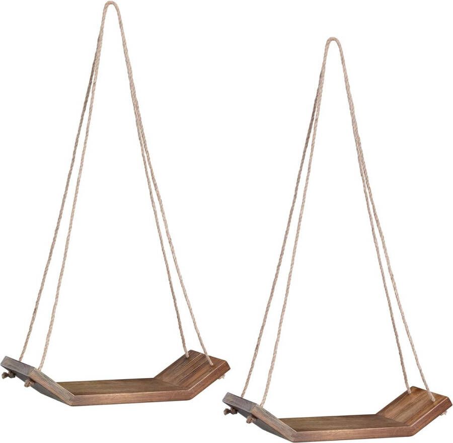 Hangend wandrek van hout Set van 2 houten wandplanken Zwevende muurplank in bruin met juten touwen Inclusief bevestigingsmateriaal