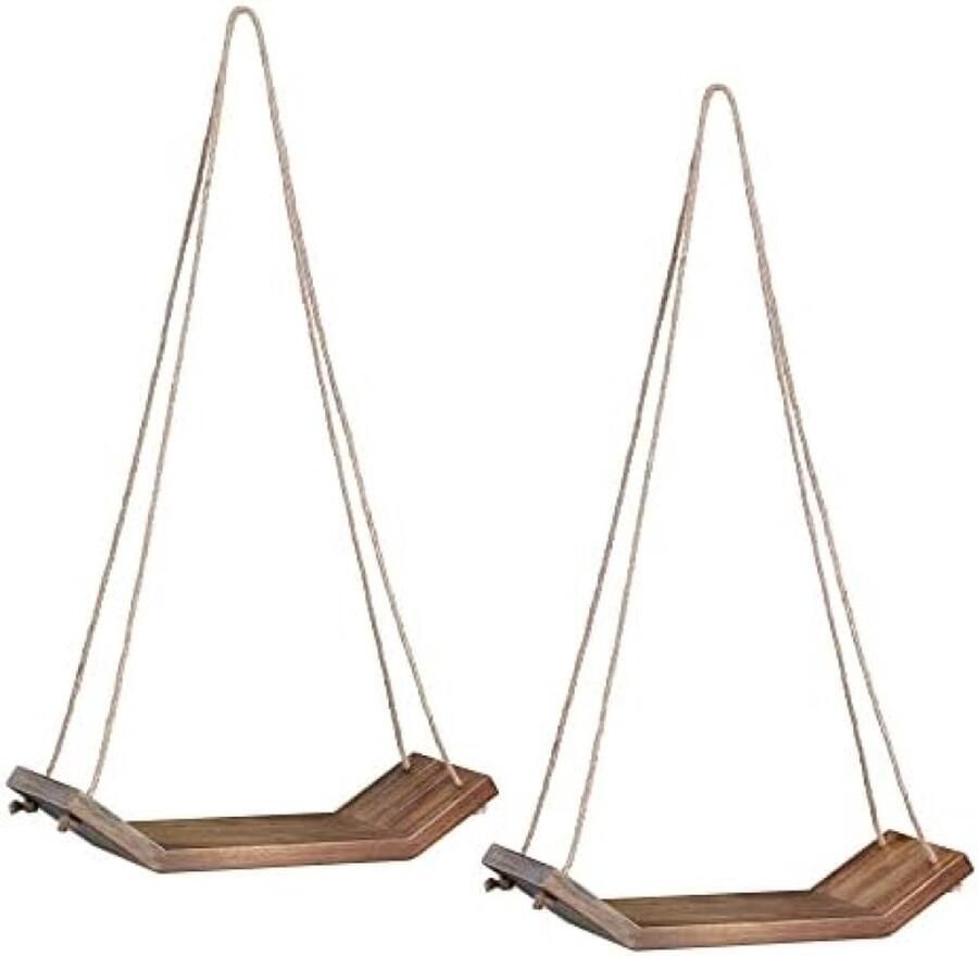 Hangend Wandrek van Hout Set van 2 Houten Wandplanken Zwevende Muurplank met Juten Touwen Inclusief Bevestigingsmateriaal