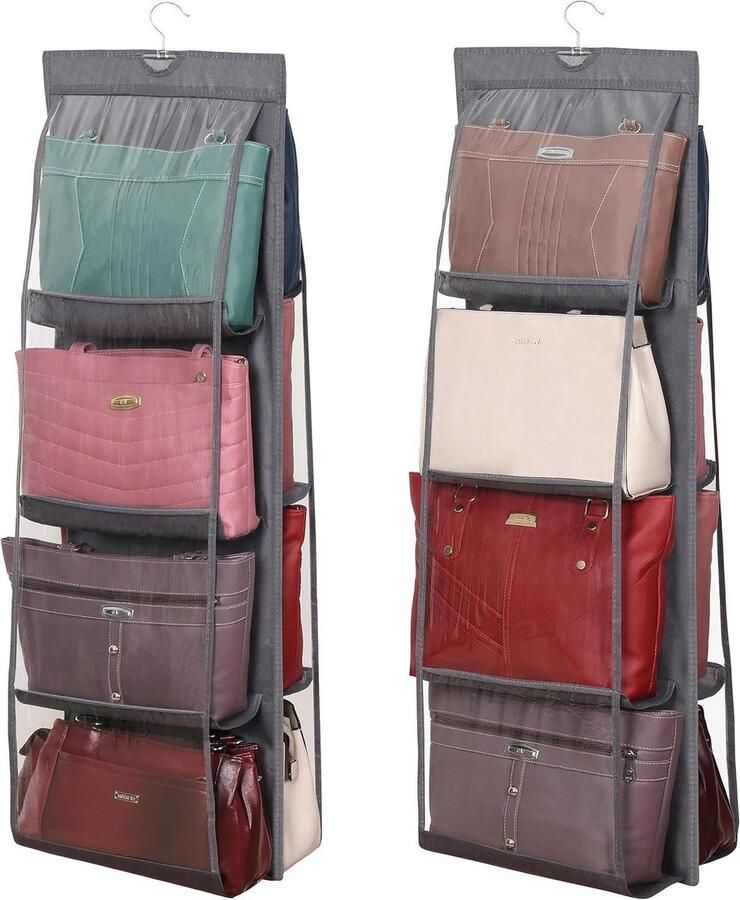 Hangende Handstas Kast Organizer [2 Pak] Vouwbare Opberg Hanger voor Handtassen 8 Doorzichtige Compartimenten