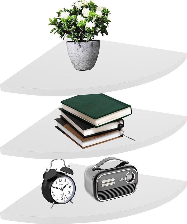 Hangende houten hoekplanken set van 3 25 cm wandrek hoek wit slaapkamer badkamer woonkamer corner shelf wall