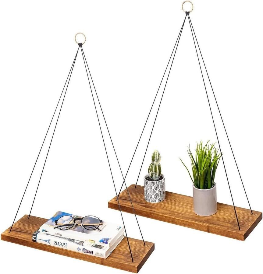 Hangende Houten Wandplank Set Industrial met Nylon Koord en Metalen Ringen 2 Stuks Muurdecoratie voor Keuken Woonkamer Bruin
