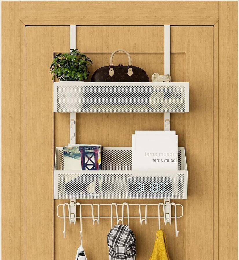 Hangende kapstok over de deur met 2 gaasmanden en 11 haken Roestvrijstalen deurhanger voor achterkant van deur Opbergplanken handdoekenrek voor badkamer slaapkamer keuken Ivoor