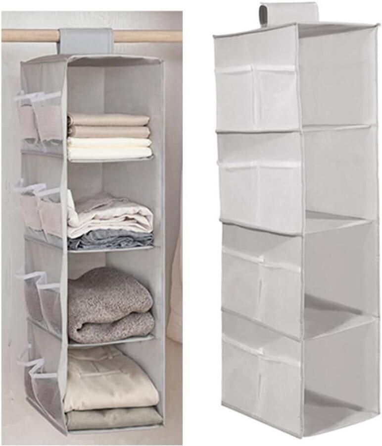 Hangende Kast Opbergrek 4 Niveaus Grijs Kledingkast met Zakken Opvouwbaar & Wasbaar Oxford Stof Hangkast