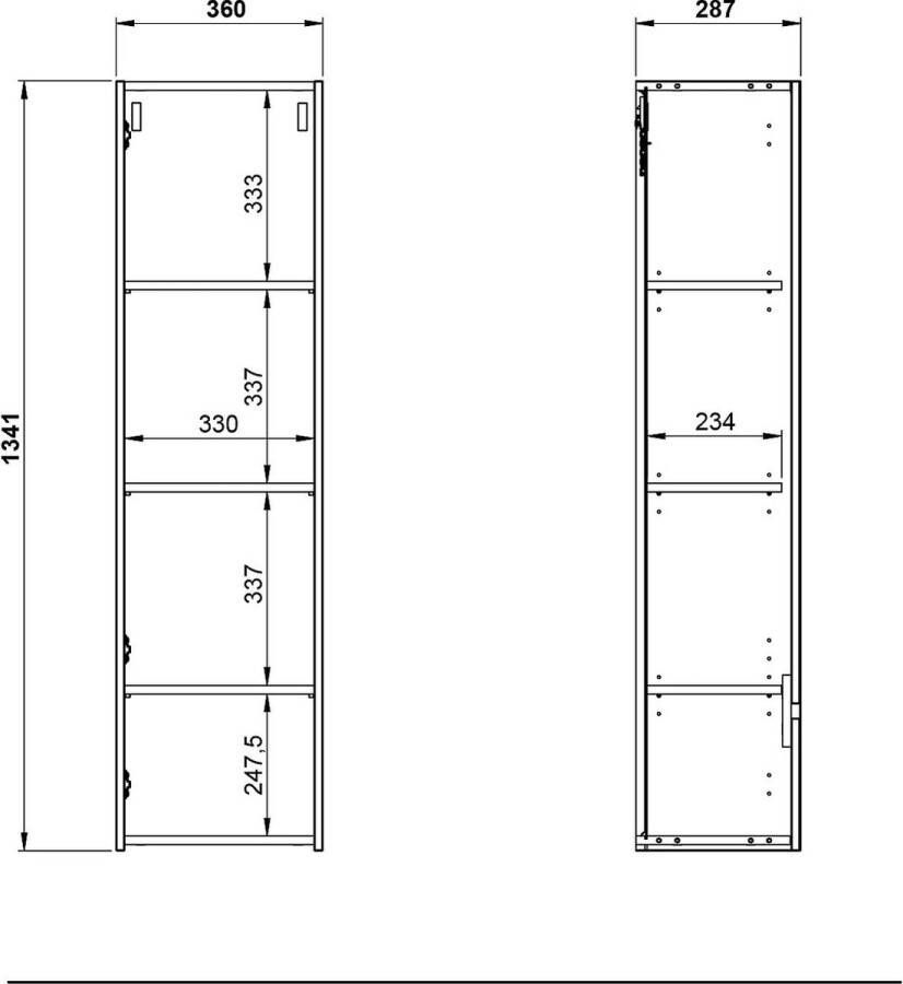 Hangende kast Paxos Eiken Zwart Breedte 36 cm Hoogte 135 cm Diepte 29 cm Met lades Met planken Met openslaande deuren