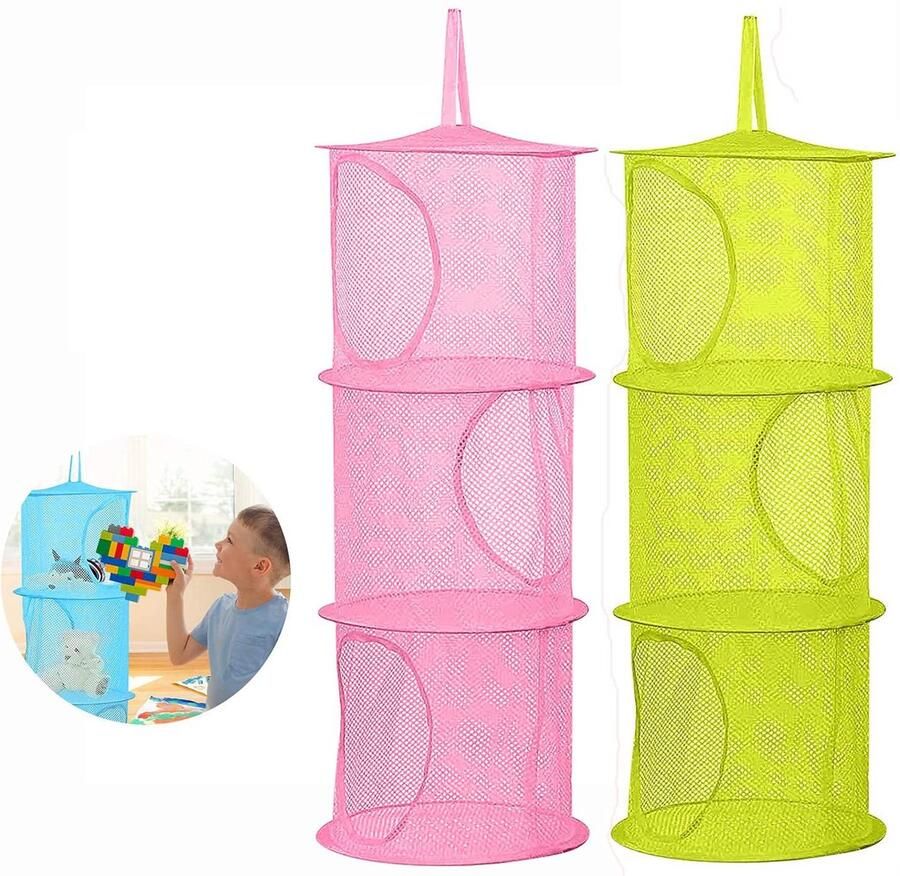 Hangende Kledingkast Organisator Hangplank Met 3 Planken Opvouwbaar Opbergrek Voor Kleren En Accessoires 2 Stuks Rosa + Groen