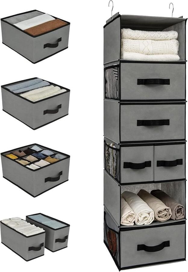 Hangende Organizer met 6 Vakken Kledingkast Hangende Organizer met Zijvakken Grijs Hanging Storage Shelf