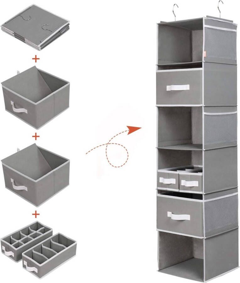 Univivi Hanging Shelf Wardrobe Organiser with Drawers Cupboard Organiser Comes with 4 Drawers and 6 Mesh Pockets Metal Hooks Foldable Hanging Organiser Cabinet (Glacier Grey 6 Animals) - Foto 2