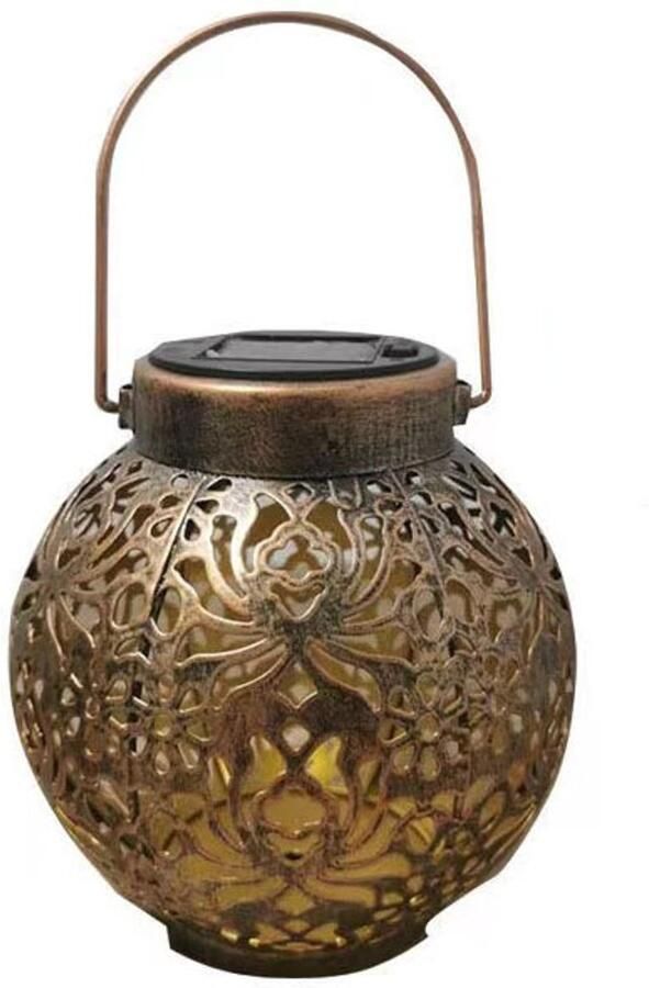 Hangende lantaarn op zonne-energie voor buiten ijzeren holle lantaarn op zonne-energie retro hangende lantaarn op zonne-energie met handvat decoratieve retro metalen lamp hangende tuinverlichting op zonne-energie voor tuin(brons)