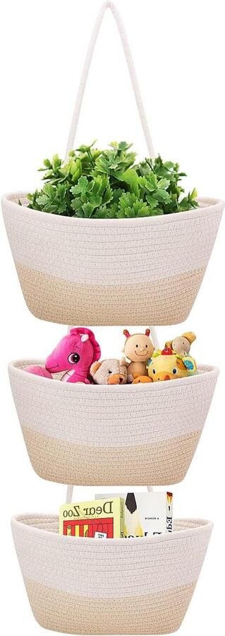 Hangende mand 3-laags katoenen touw Muurbevestiging Organiseren en opslag Decoratieve opbergmand Slaapkamer badkamer woonkamer Wit en jute