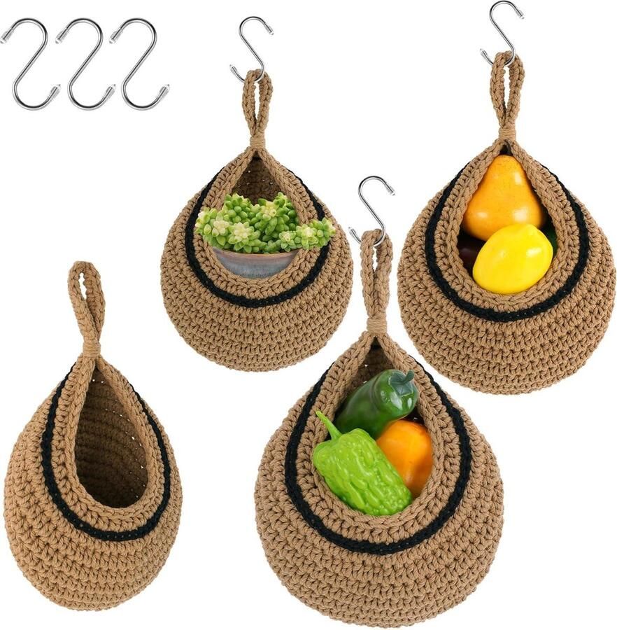 Hangende manden voor de keuken set van 3 hangende fruitmanden voor groenten en fruit druppelvormig design in bruin