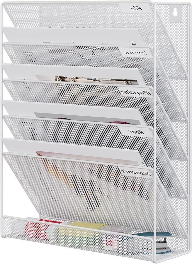 Hangende Muur Bestand Houder Organiser A4 Formaat met 6 Lagen Tijdschrift Opslagrek voor Bureau en Thuisgebruik in Wit Praktische Mesh Mail Organizer