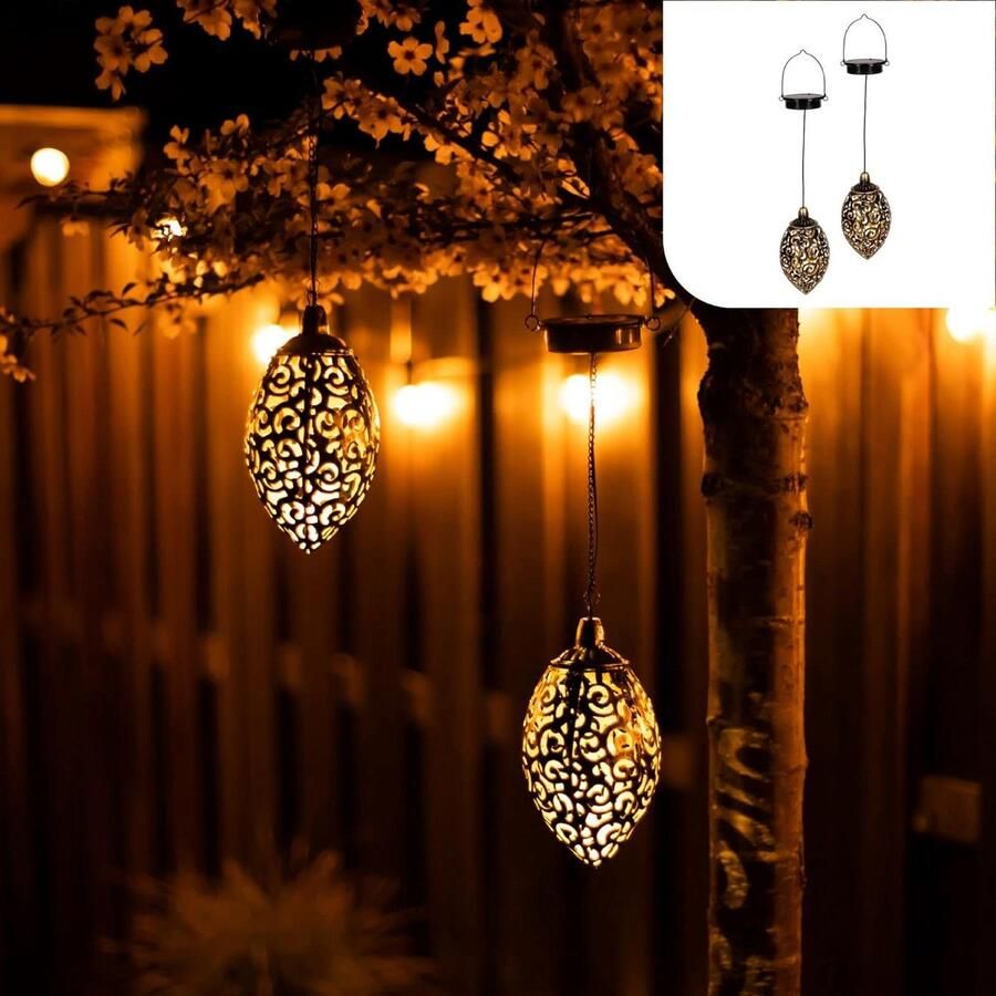 Hangende Oosterse Lantaarn set van 2 donker brons goud Metaal Led buitenverlichting solar tuinverlichting dag nacht sensor 525 x 10 cm. Buitenverlichting