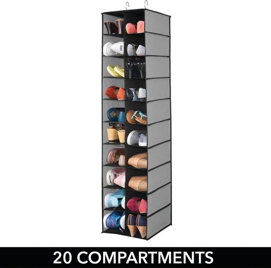 Hangende opberger met 20 vakken Grote hangende organizer voor kledingroede Ruimtebesparende opberger voor schoenen en kleding Grijs zwart