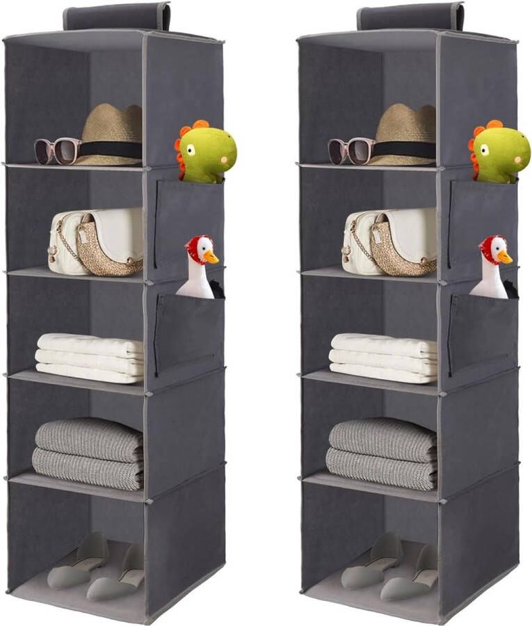 Hangende opbergplank 2 stuks met 5 brede vakken kledingkastorganizer hangende organisator opvouwbaar voor gezinsopslag fleecestof