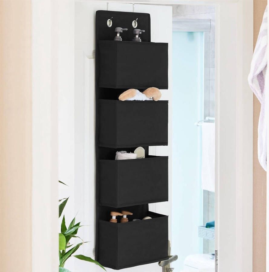 Hangende organisator deurorganizer hangende opslag met 4 zakken en 2 metalen haken hangende plank stevige kledingkastorganizer voor badkamer slaapkamer kinderkamer Zwart