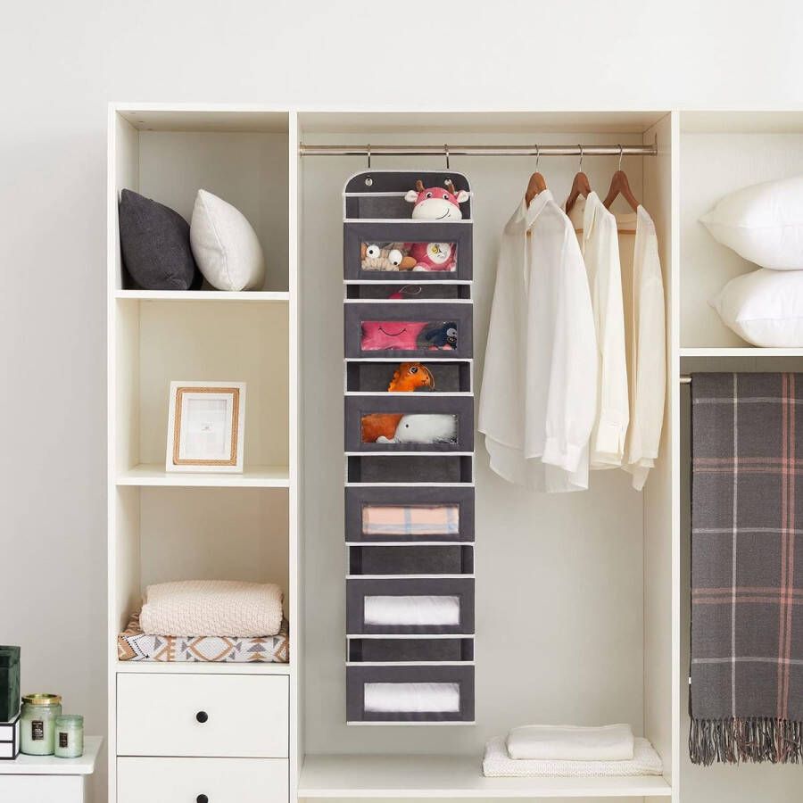 Hangende organizer deurorganizer hangend kledingkastorganizer 6 grote zakken met raam hangende plank badkamer hangende opbergruimte voor slaapkamer kinderkamer grijs