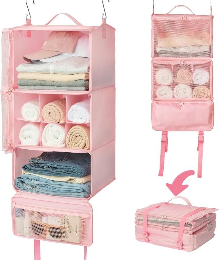 Hangende organizer met 3 vakken kofferorganizer hangend opvouwbare kledingkast organizer hangend draagbaar reisrek roze hangorganizer kast draagbare hangende reisorganizer
