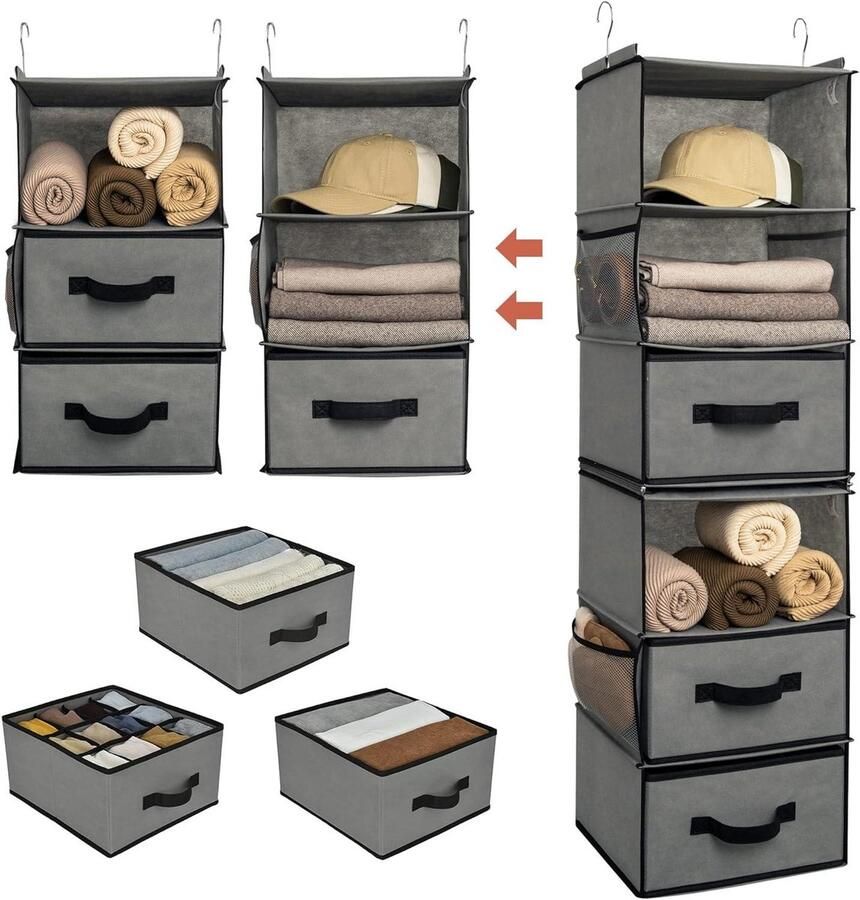 Hangende Organizer met 6 Vakken en Zijvakken Grijs Fabric Hanging Shelf