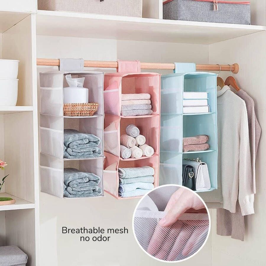Hangende plank kledingkast 3 compartimenten hangende organizer kast met 9 mesh zijvakken voor de gezinsgarderobe slaapkamer opvouwbaar en universeel passend 30 x 22 5 x 60 cm (roze drie lagen)