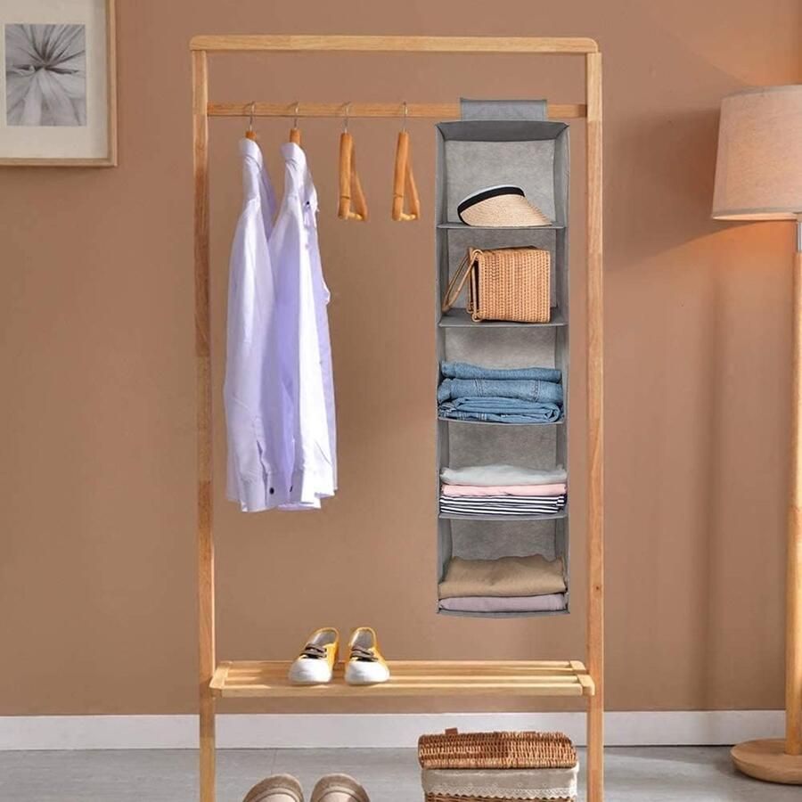Hangende plank kledingkast 5 compartimenten hangende organizer kastorganizer hangende stevige hangende opbergruimte ruimtebesparend en opvouwbaar grijs