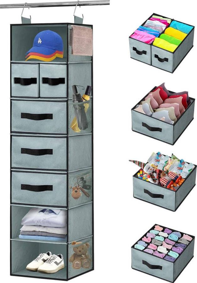 Hangende kledingkast kastorganizer met 7 vakken stevige hangende organizer hangende opbergruimte met 5 laden en 8 gaasvakken kastorganizer voor slaapkamer caravan camping (grijs)