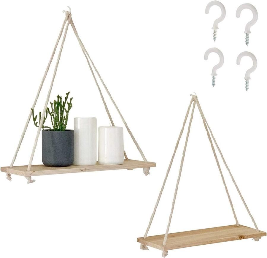 Hangende planken Boho decor Set van 2 Houten planken Macrame touw
