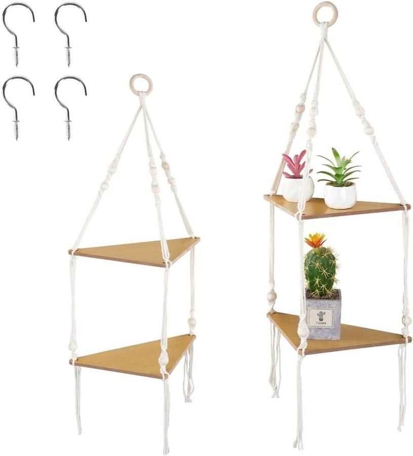 Hangende rekken voor aan de muur Set van 2 houten touwplanken met 4 haken Macramé-planken voor een rustieke boho look Zwevende planken en schommelrek voor binnen gebruik