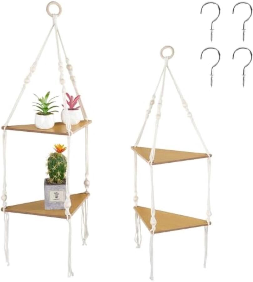 Hangende rekken voor aan de muur (set van 2 met 4 haken) macramé-planken houten touwplanken wandrek zwevende planken schommelrek van rustiek hout boho planken voor binnen