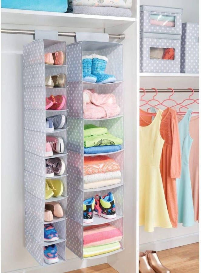 Hangende stoffen kast Ruimtebesparende multifunctionele schoenenkast Perfect als hangende plank in de gang of slaapkamerkast Stippen hangende opberger met 10 vakken Grijs Wit