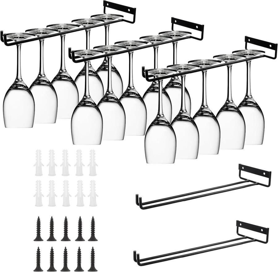 Hangende wijnglashouders van metaal set van 5 zwart voor keukenkast of bar
