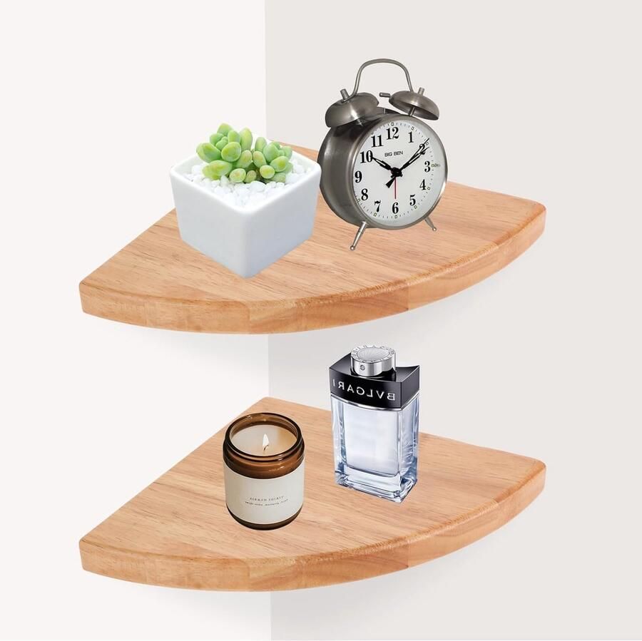 2 stuks hangende hoekplank 18 cm wandrek waaiervormig hoekrek massief hout zwevend hoekrek voor slaapkamer woonkamer keuken inclusief bevestigingsschroeven