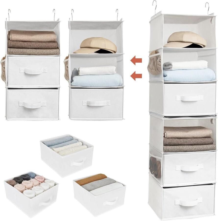 Hanging Organizer 6 Compartments Wardrobe Organizer with Side Pockets Storage and Organizing Clothes White