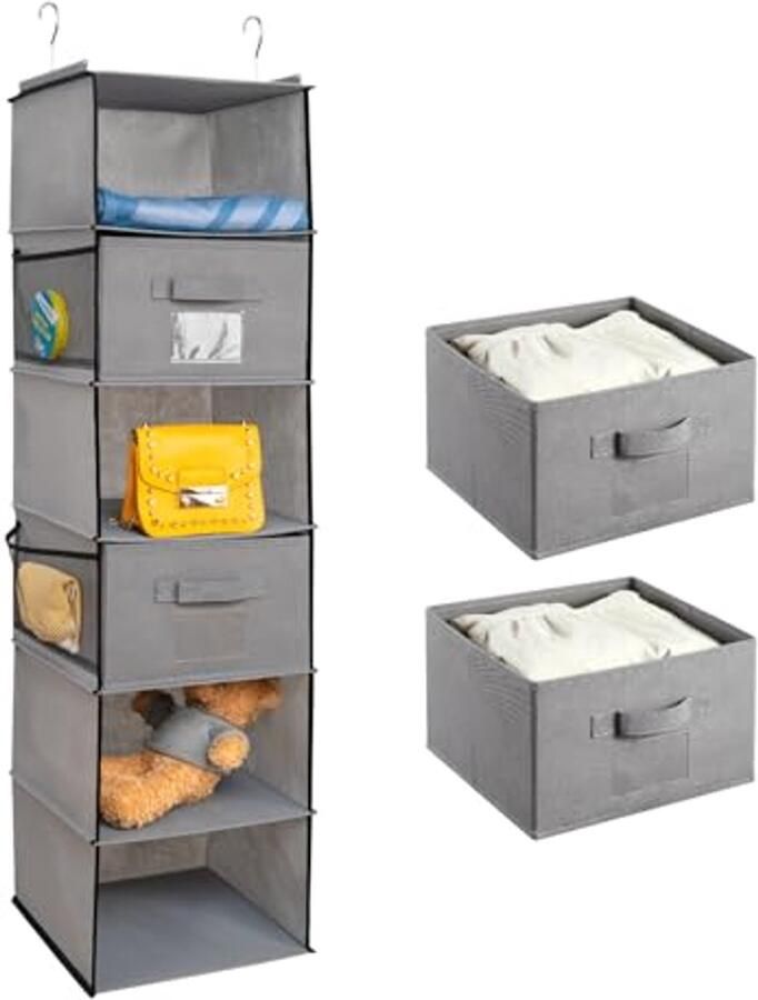 Hanging Rack met 6 Compartimenten en 2 Verwijderbare Lades Vouwbare Opberger voor Kleding 30 x 30 x 110 cm