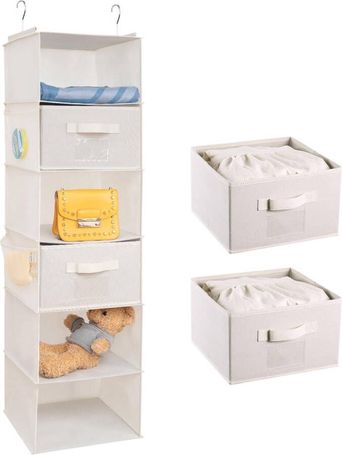 Hangkast-organizer opvouwbare hangende opbergruimte 6 vakken met 2 uitneembare laden ijzeren frame hangende organizer organizersysteemset beige 30 x 30 x 110 cm