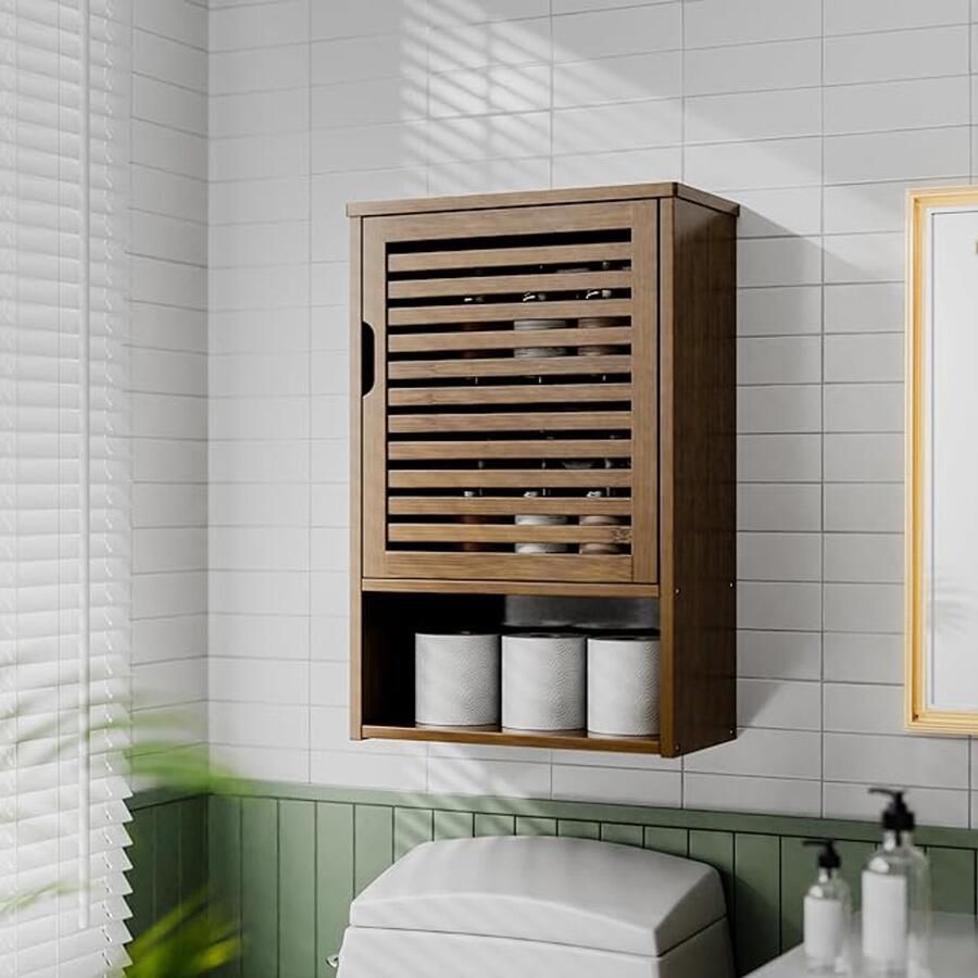 Hangkast walnoot bamboe wandkast medicijnkastje hangend met verstelbare plank ruimtebesparende badkamerkast wandmontage