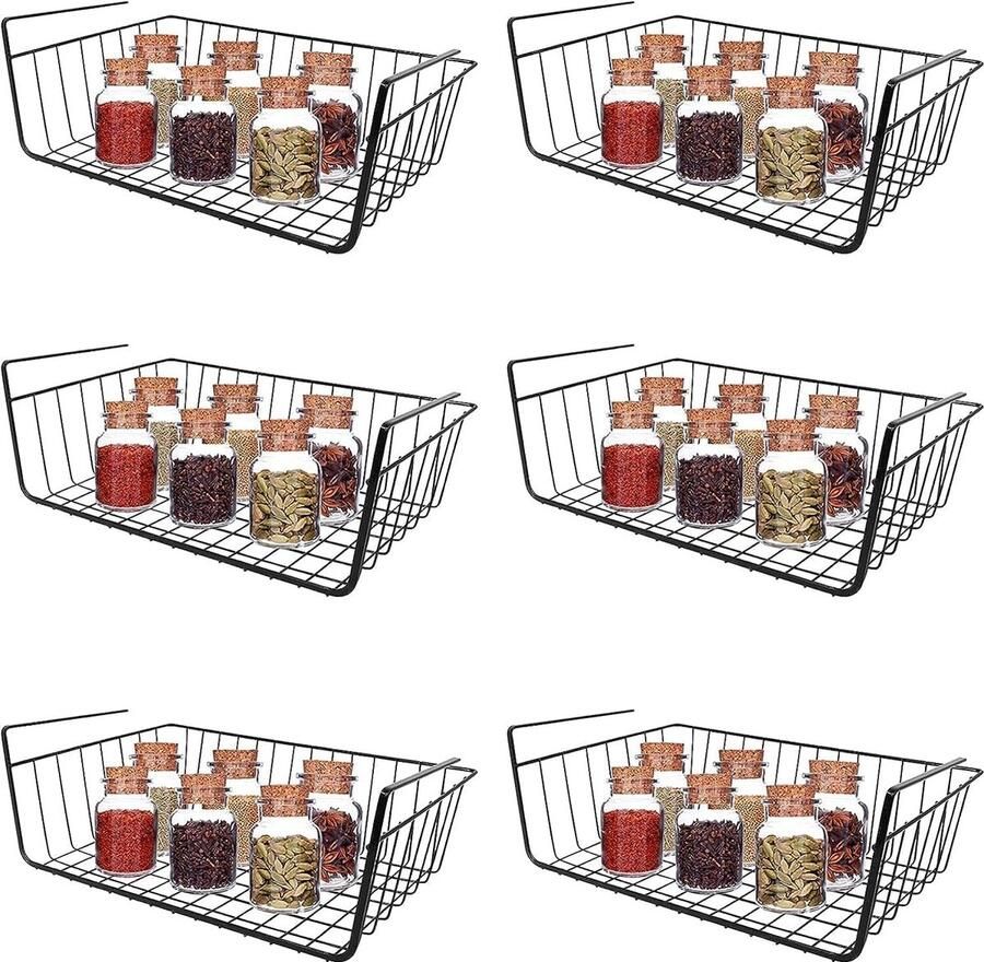 Hangmand voor onder de plank Keuken voor opslag 6 stuks kastmanden kledingkast onder de plank gelaste verbindingen afwerking aan de achterkant eenvoudig te installeren zonder gaten (zwart)