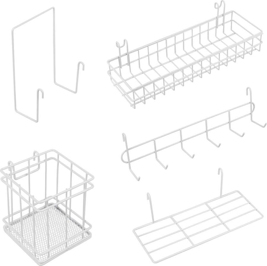Hangmanden hangrek en hakenframe penhouder boekenkast Set van 5 Wit Wandrooster accessoires Rasterwand opbergruimte met fotowand optie