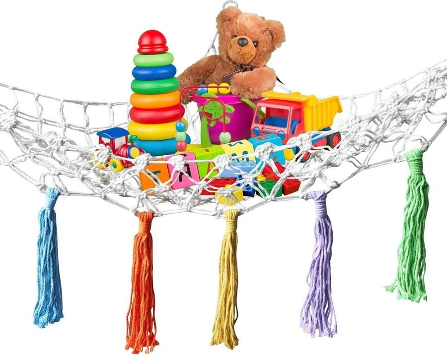 Hangmat teddy opbergnet boho macramé speelgoednet knuffeldier opslag met kwastjes stoffen dieropslag kinderkamer speelkamer slaapkamer