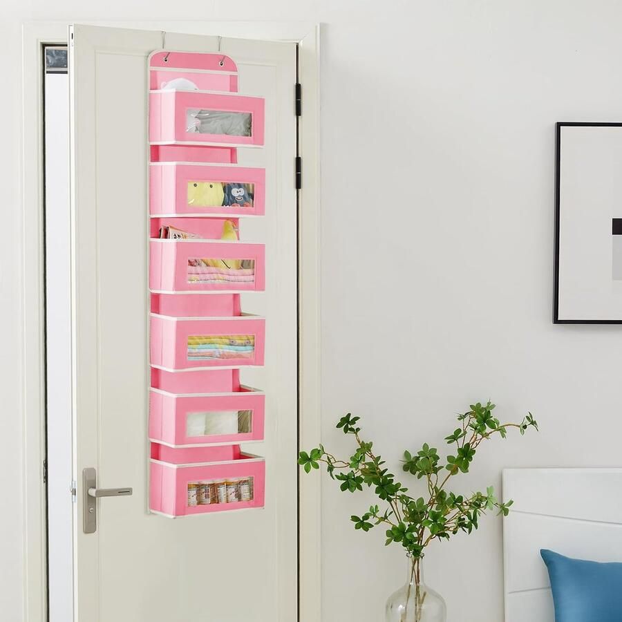 Hangorganizer deurorganizer hangend kledingkastorganizer 6 grote vakken met raam hangrek badkamer hangopslag voor slaapkamer kinderkamer roze